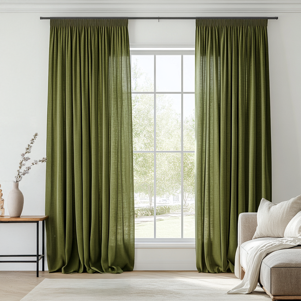 Moss Green Linen Pencil Pleat Unlined Curtain