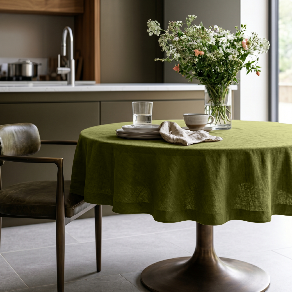 Moss Green Linen Round Tablecloth in a Modern Kitchen Dining Space with Soft Greige Walls and Olive Cabinetry