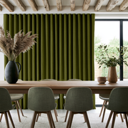 Moss Green Linen S-Fold Curtains in a Modern Rustic Dining Room with Exposed Wood Beams and Upholstered Chairs