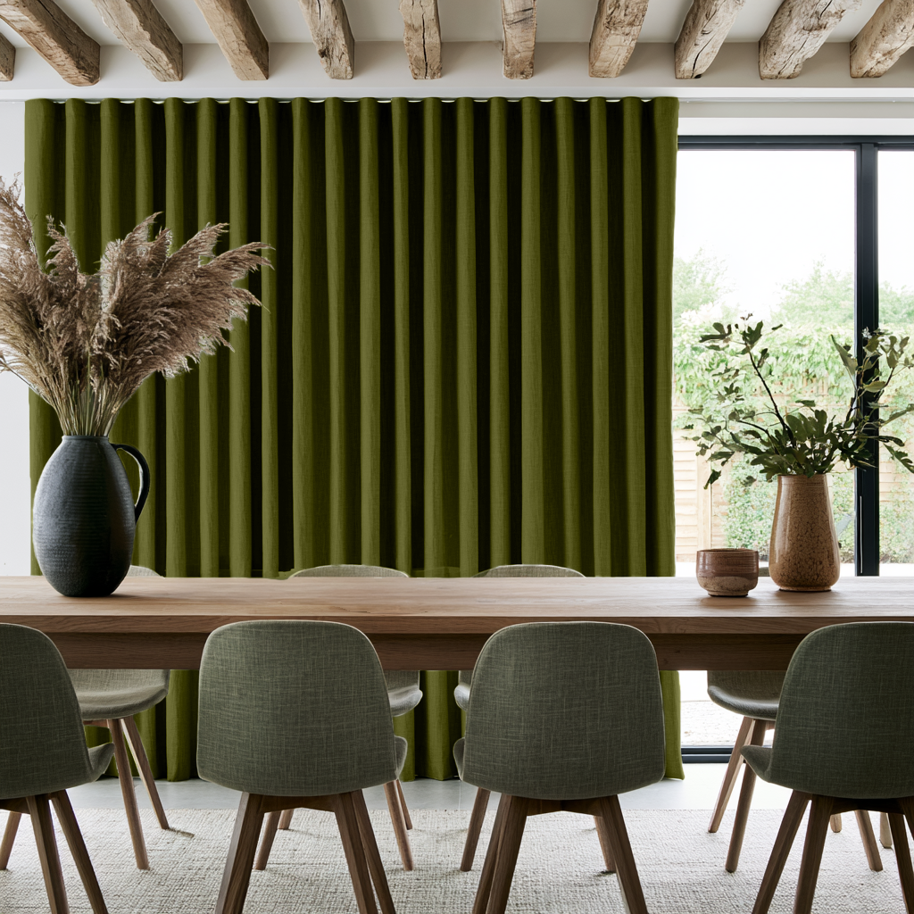 Moss Green Linen S-Fold Curtains in a Modern Rustic Dining Room with Exposed Wood Beams and Upholstered Chairs