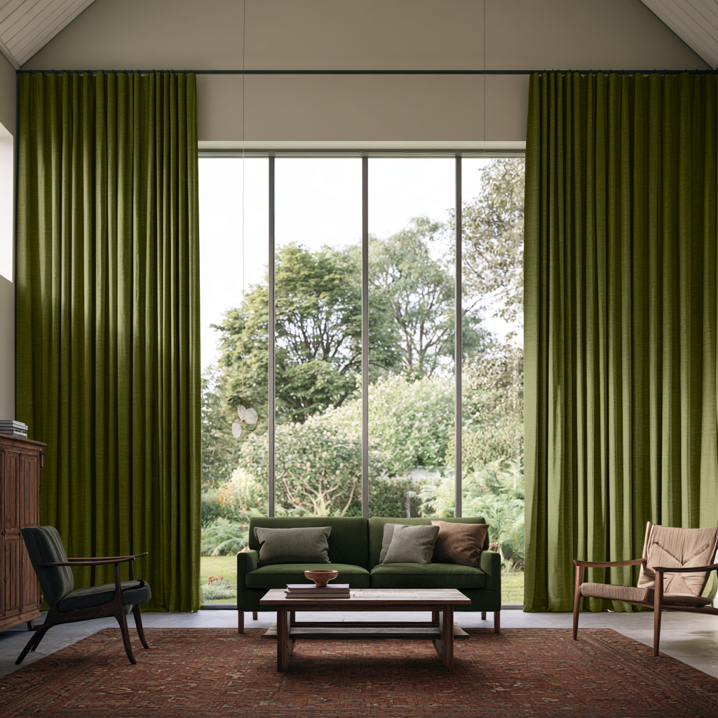 Moss Green Linen S-Fold Extra Long Curtains in a Contemporary Living Room with High Ceilings, Green Sofa, a Coffee Table