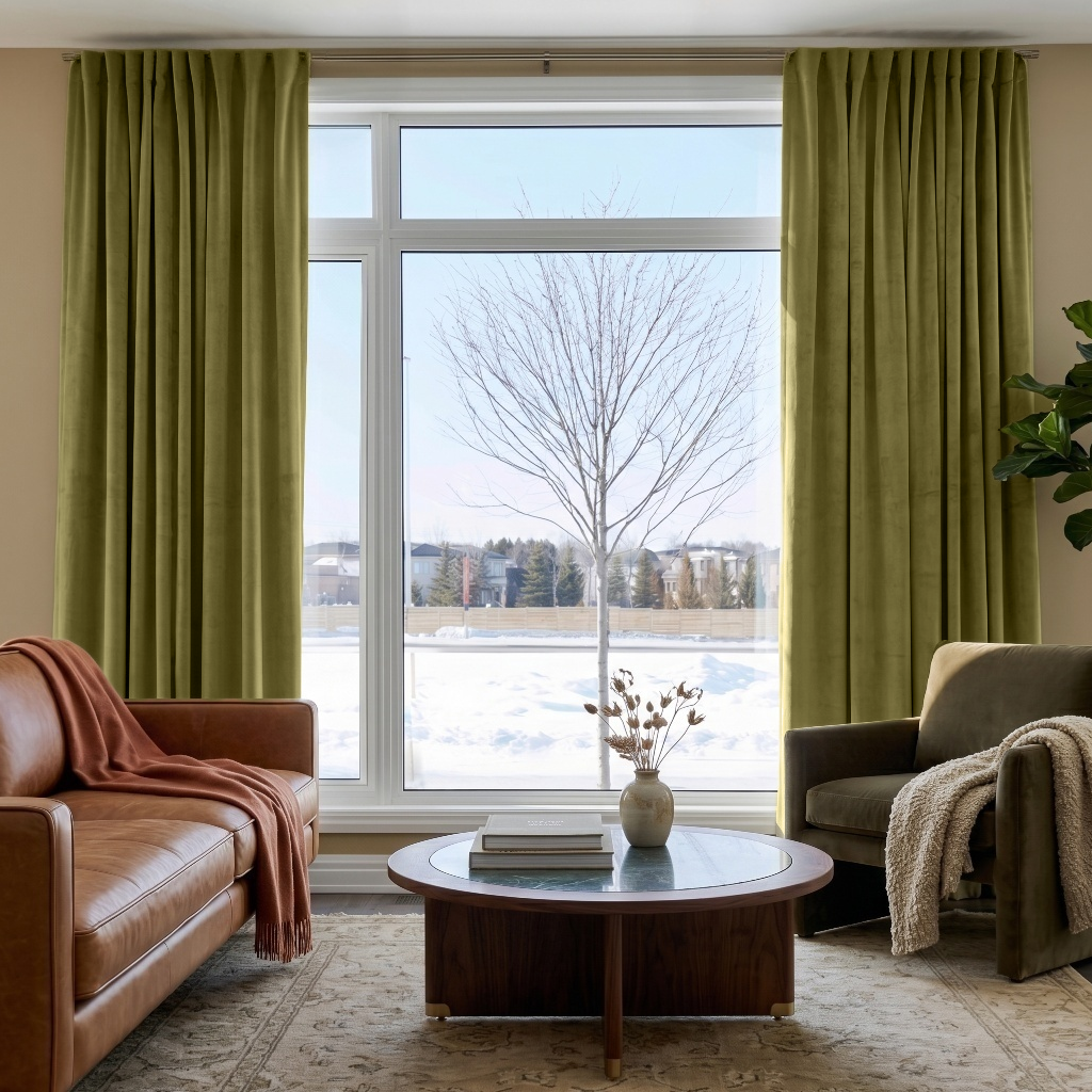 Moss Green Velvet Multitape Thermal Curtains in a Living Room with a Brown Leather Sofa