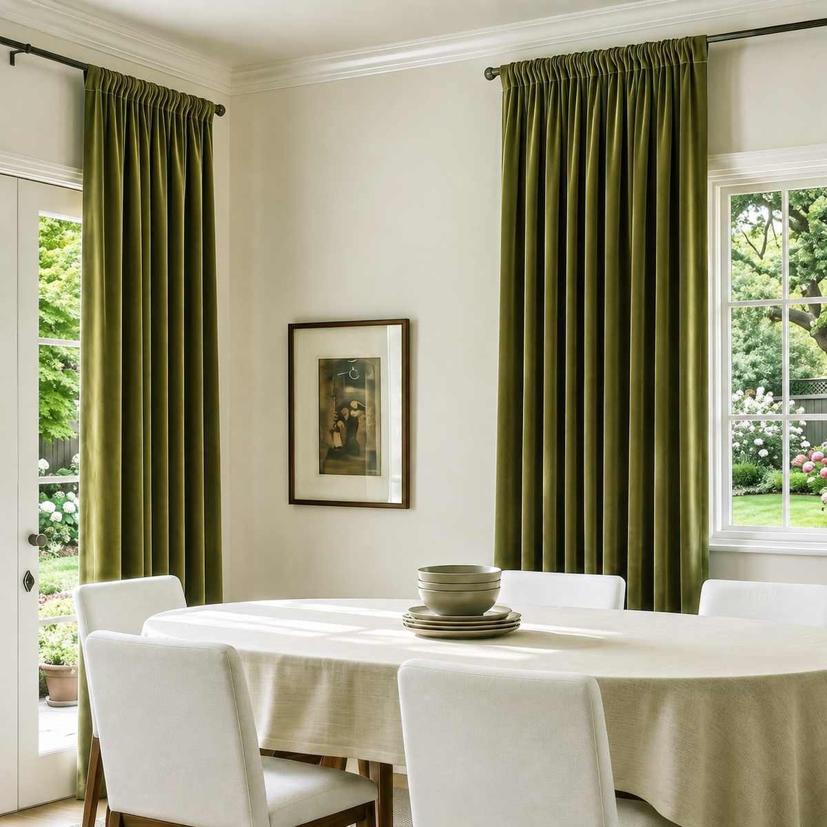Bright dining room with olive green rod-pocket curtains, white furniture, and garden views