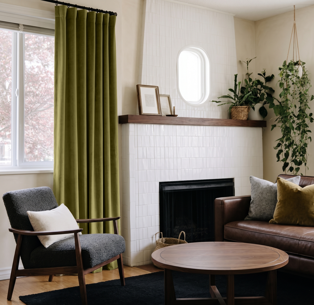 Moss Green Velvet S-Fold Curtains in a Mid-Century Living Room with a White Tiled Fireplace and Brown Leather Sofa
