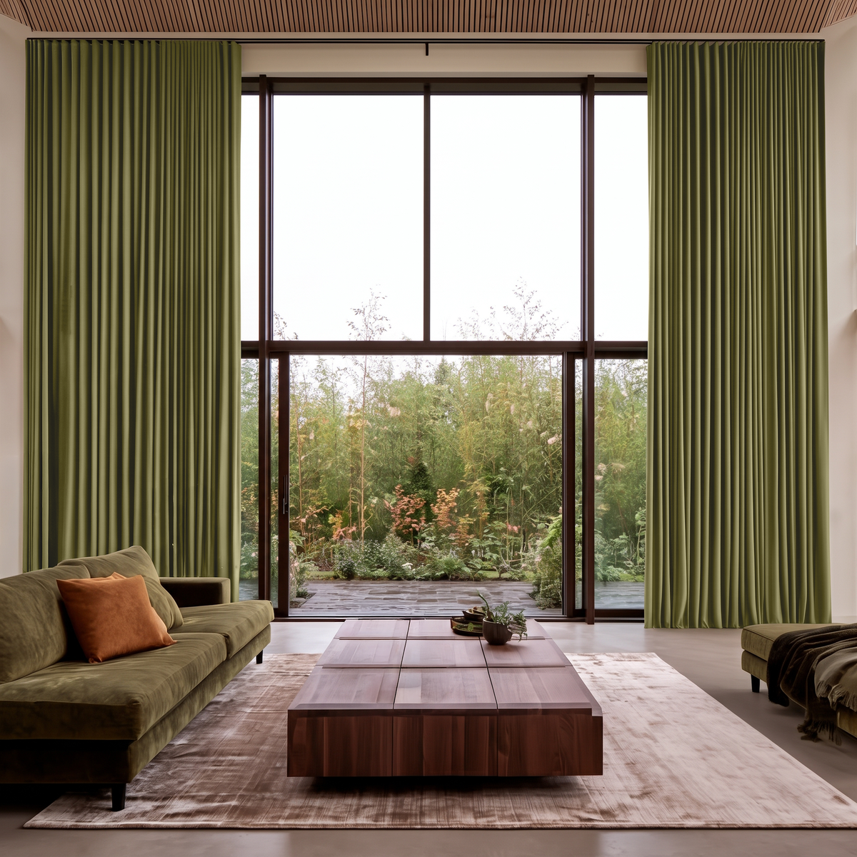 Moss Green Velvet S-Fold Extra Long Curtains in a Modern Living Room with Double-Height Windows and Wood Slat Ceiling