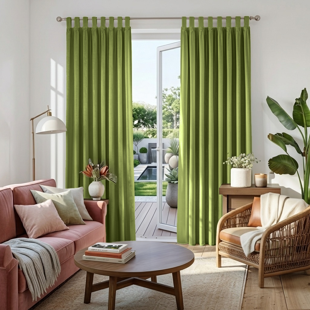 Moss Green Velvet Tab Top Blackout Curtains in a Living Room with Bright White Walls