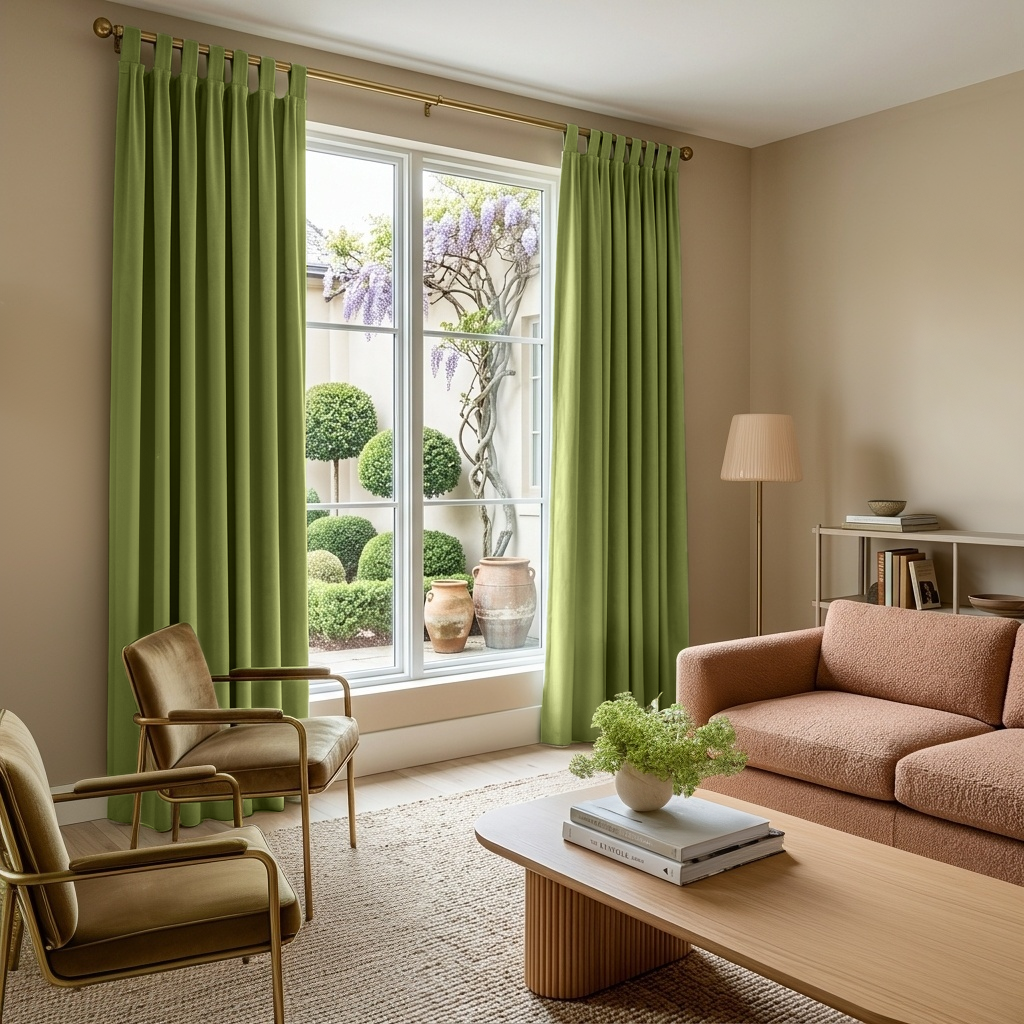 Moss Green Velvet Tab Top Blackout Curtains in a Living Room with Warm Beige Walls