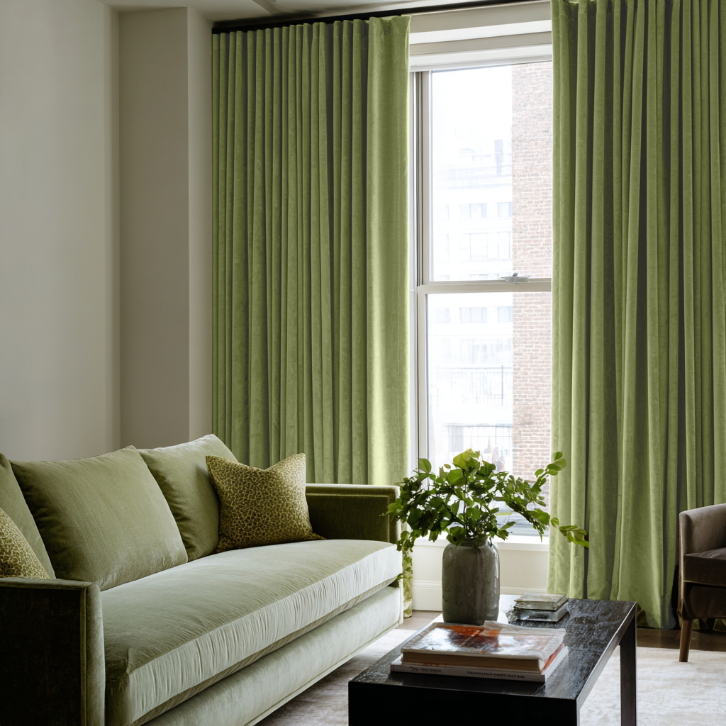 Moss Green Velvet Thermal Curtains with Multitape