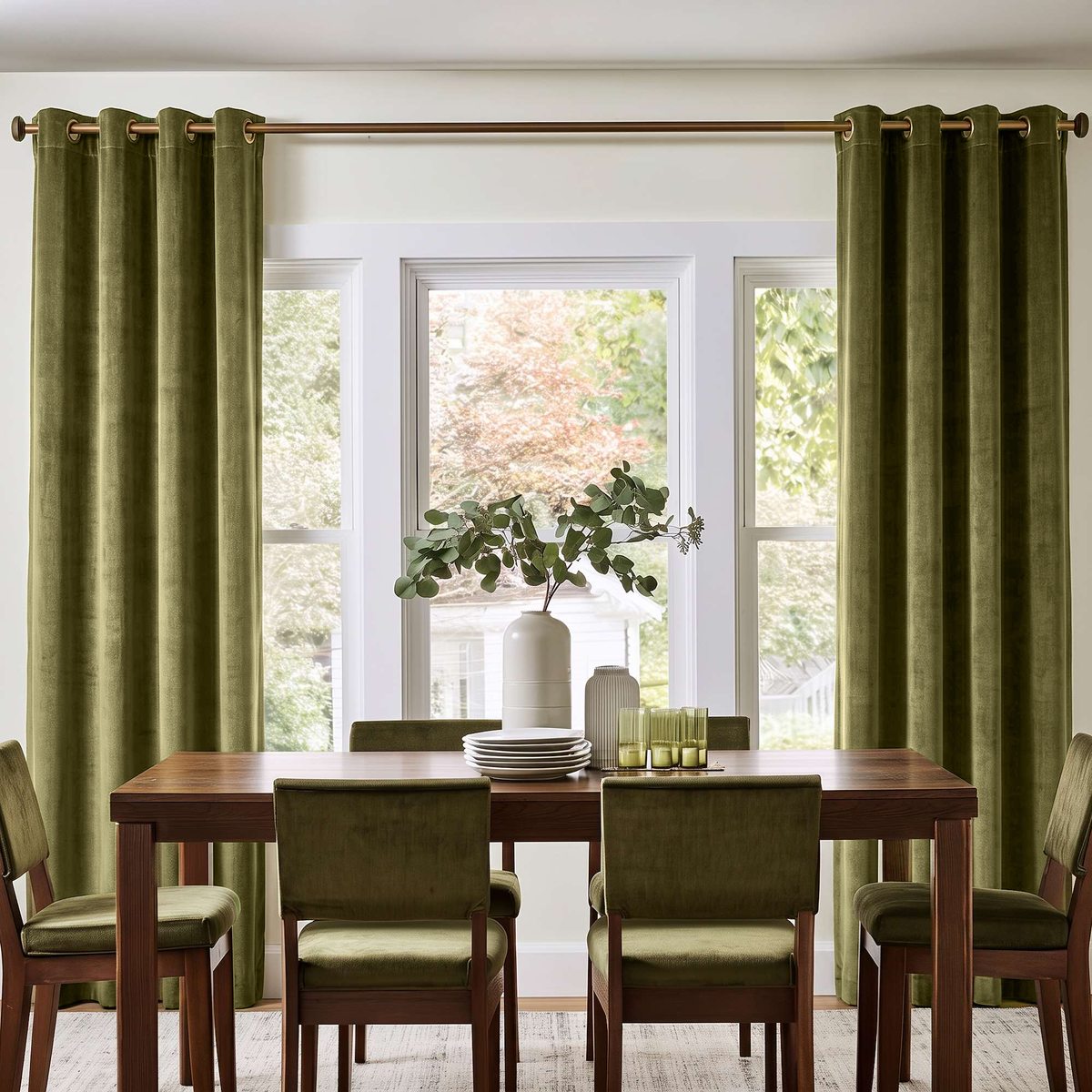 Inviting dining room with olive green grommet curtains, dark wooden furniture, and garden views.