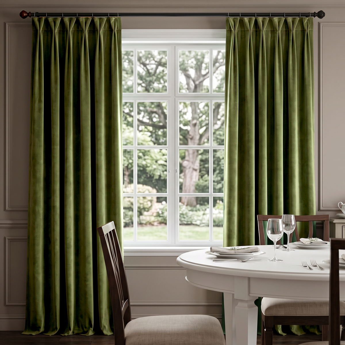 Elegant dining room with olive green pinch-pleat curtains, classic furniture, and a peaceful garden view.
