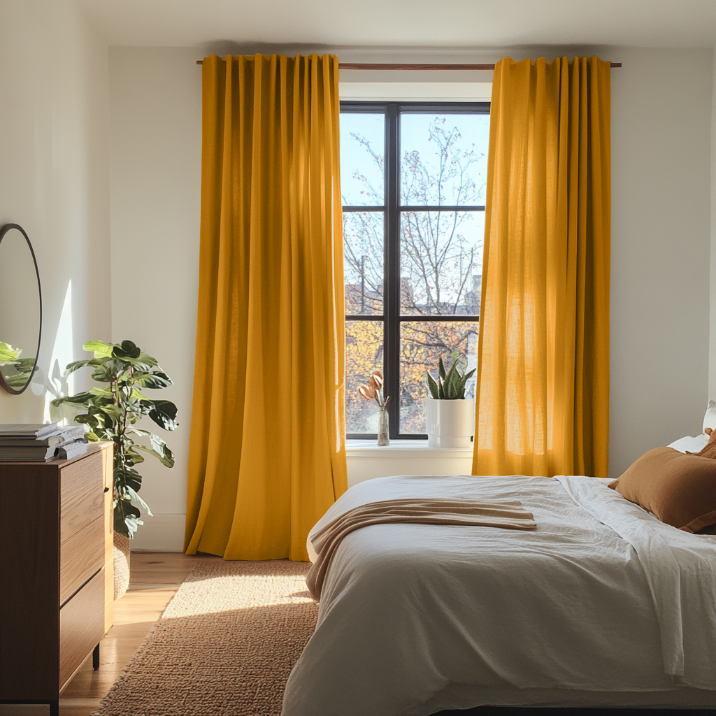 Mustard Yellow Bedroom Linen Curtains - Cotton Lined