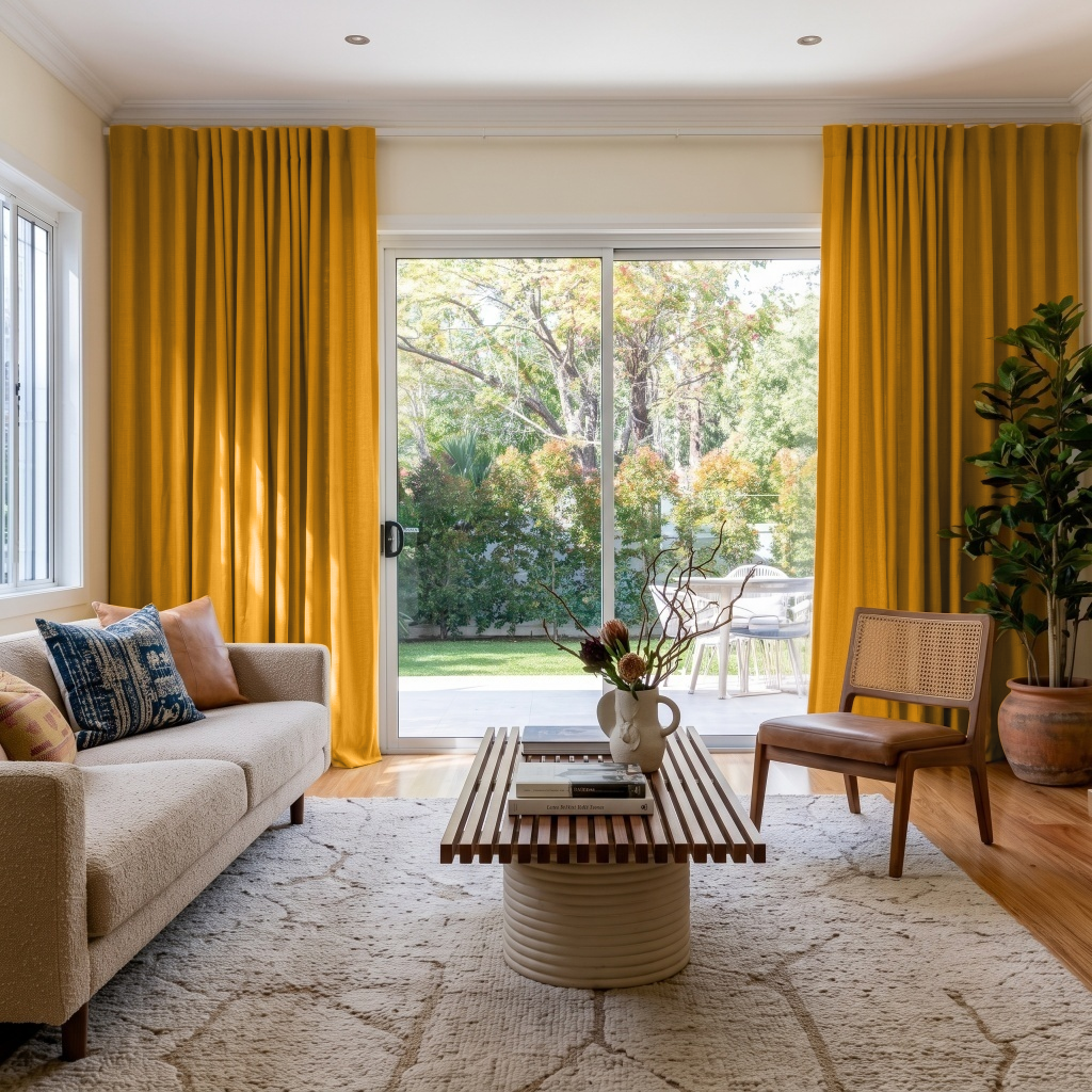 Mustard Yellow Linen Back Tab Extra Wide Curtains for Sliding Door in a Warm Living Room with Cream Walls, Natural Wood Furniture, and Rattan Chair - Blackout Lining
@Heading: Back Tabs