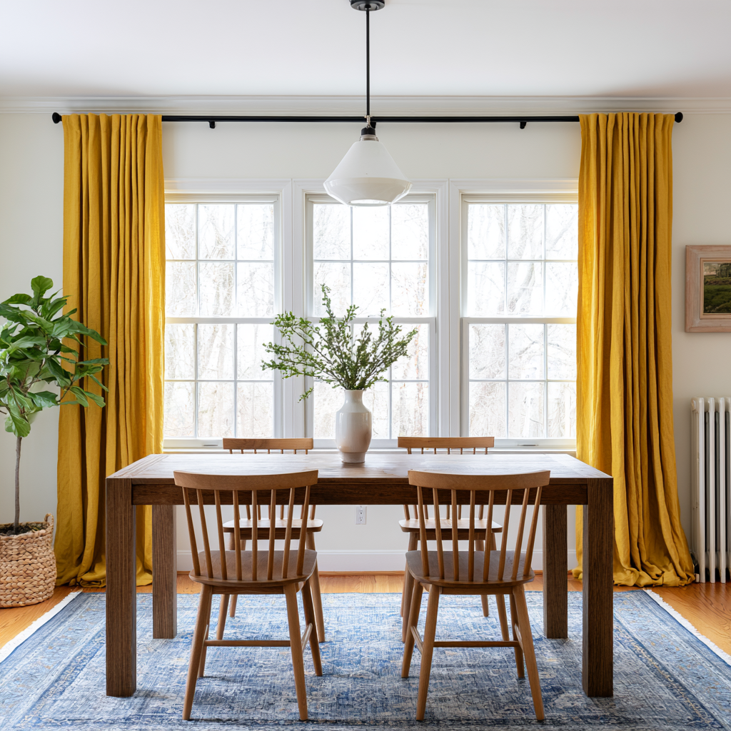 Mustard Yellow Linen Back Tab Curtains in a Transitional Dining Room with Wooden Furniture and Blue Area 