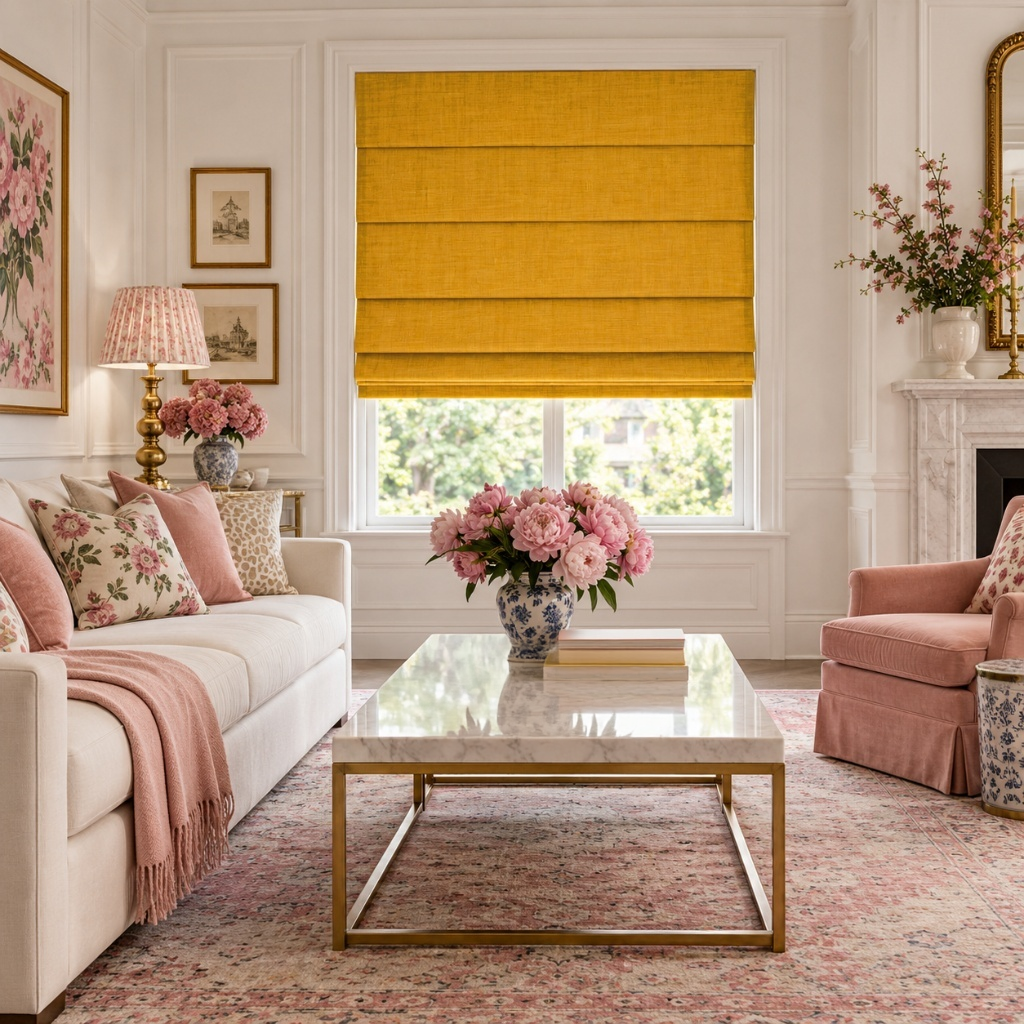 Yellow Roman Blinds in a Modern Living Room with White Walls and a Marble Coffee Table