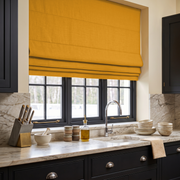 Mustard Yellow Linen Roman Blinds in a Contemporary Kitchen with Black Framed Windows - Blackout Lining