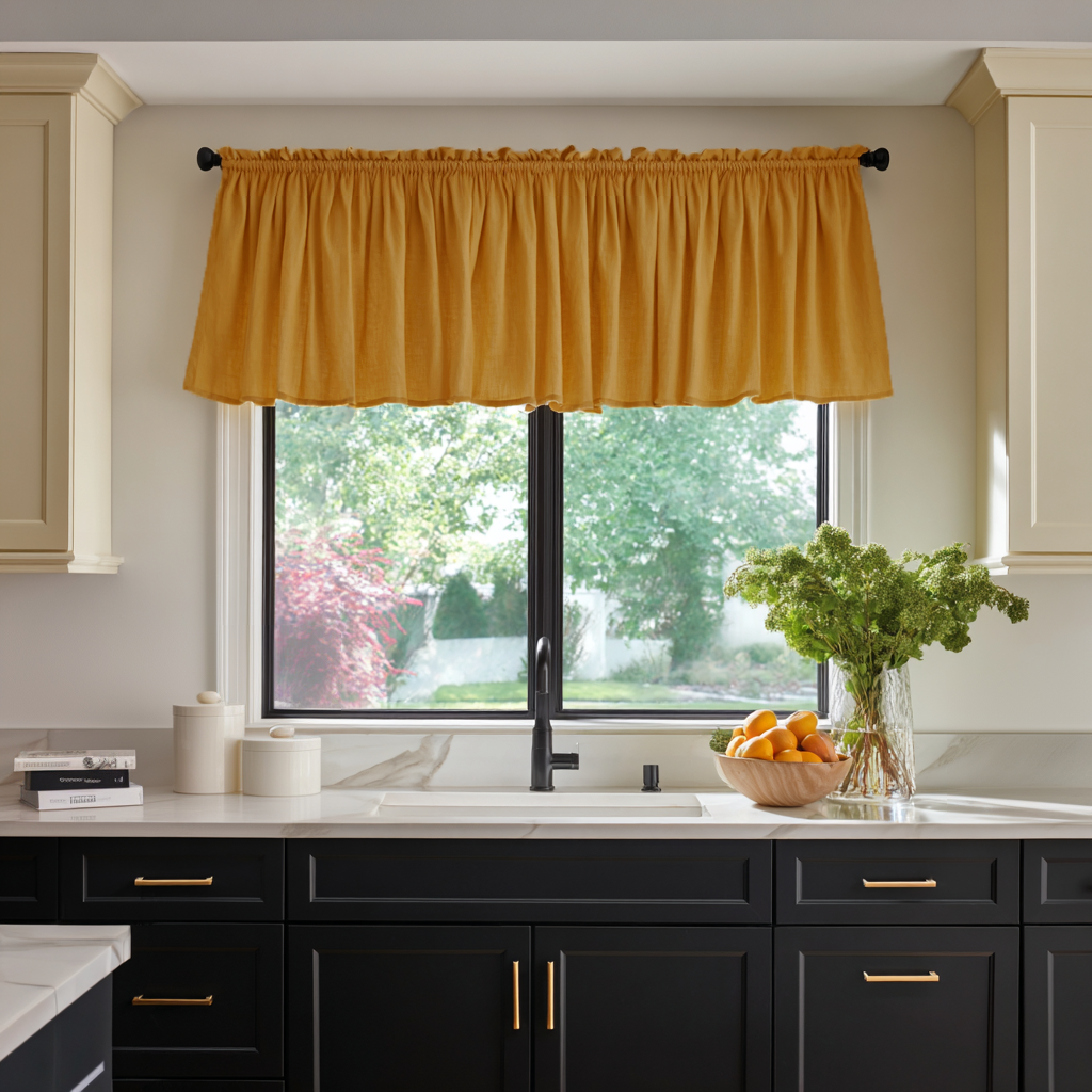 Mustard Yellow Linen Kitchen Valance - Blackout Lining
