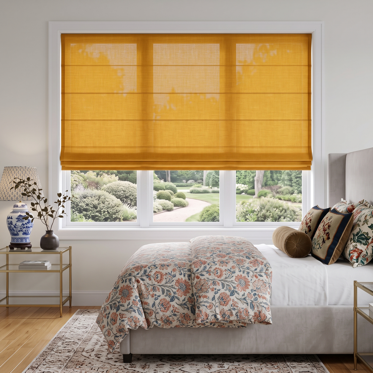 Yellow Roman Blinds in a Modern Bedroom with White Walls and a Floral Duvet Cover