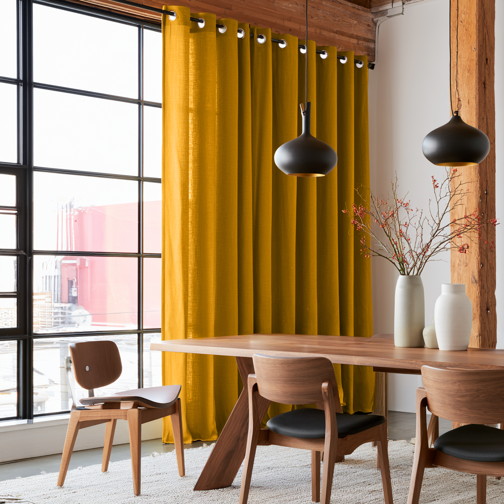 Mustard Yellow Linen Eyelet Curtains in an Industrial Dining Room with Black-Framed Windows and Exposed Wood Beams
