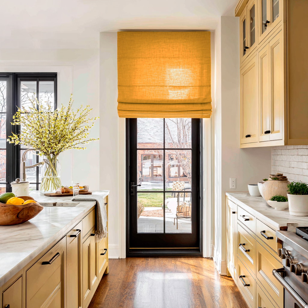 Mustard Yellow Linen Roman Blinds in a Bright Transitional Kitchen with Cream Cabinetry - Cotton Lining