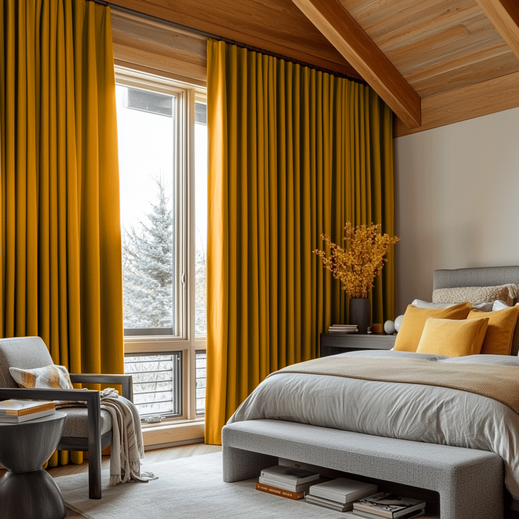 Mustard Yellow Linen Thermal S-Fold Curtains