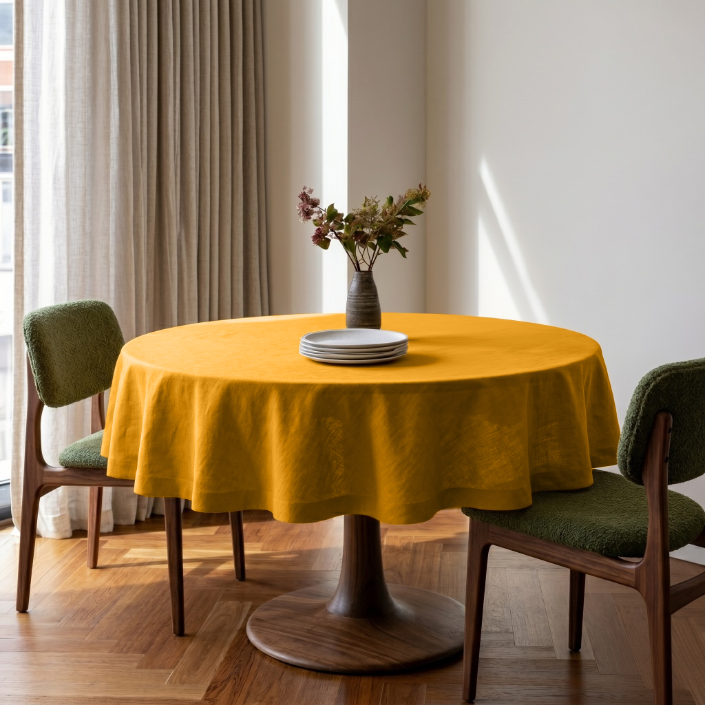 Mustard Yellow Linen Round Tablecloth in a Bright Dining Room with White Walls and Olive Green Bouclé Chairs