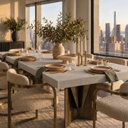 Natural Fitted Rectangular Linen Tablecloth in a Contemporary Dining Room with Cream Bouclé Chairs
