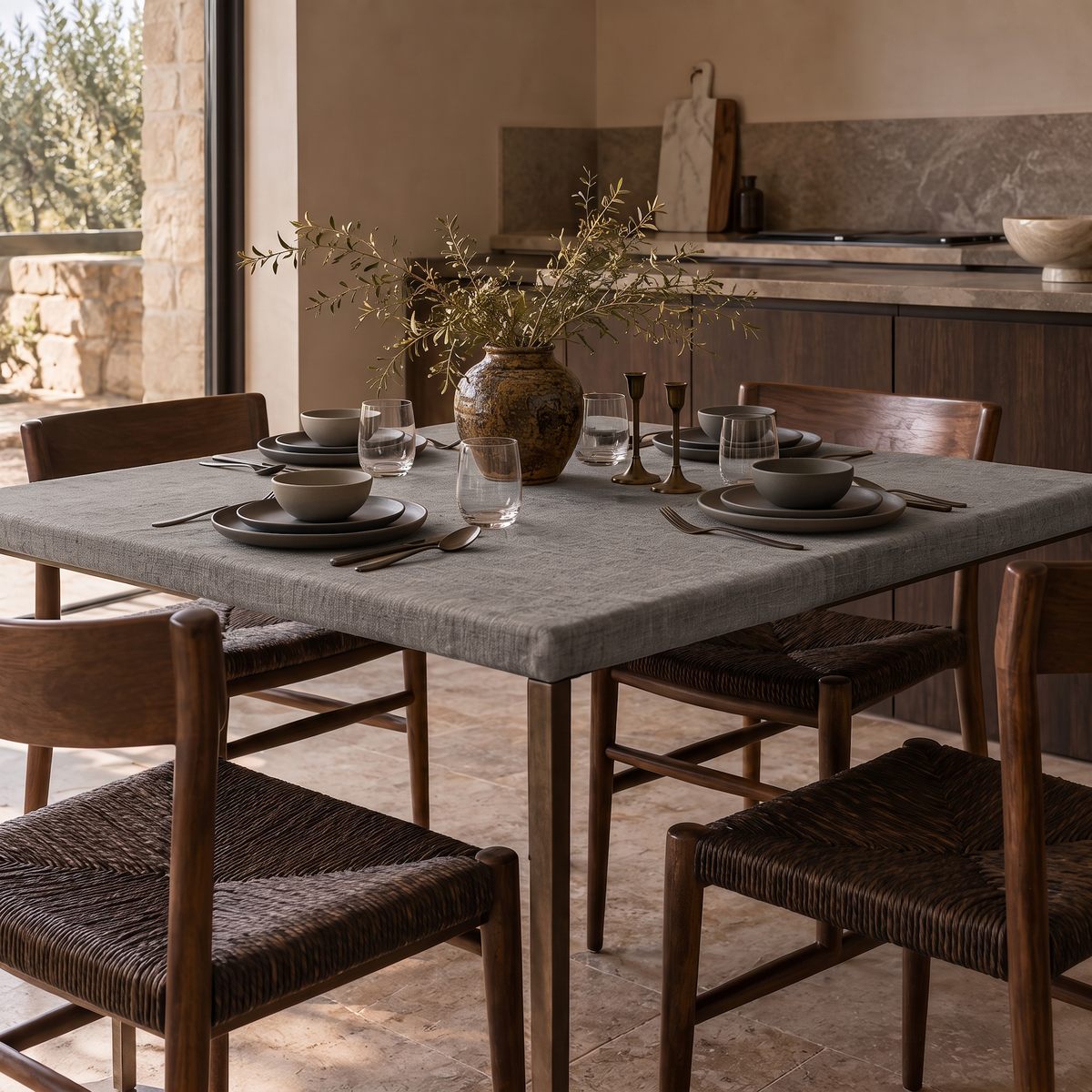 Natural Fitted Square Heavy Weight Linen Tablecloth in a Rustic Contemporary Kitchen with Wooden Chairs