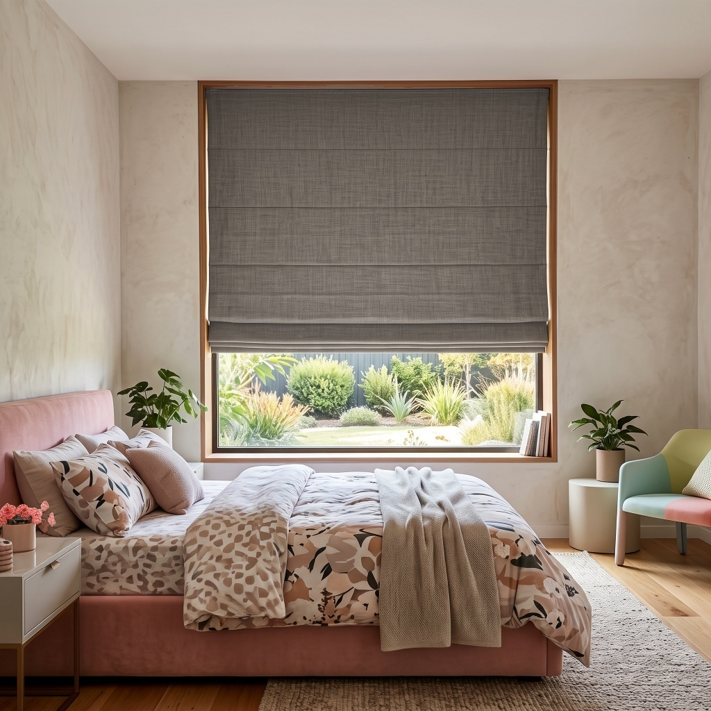 Heavy Natural Roman Blinds in a Modern Bedroom with Pale Pink Walls and Floral Print Bedding