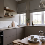 Natural Heavy Weight Linen Roman Blind in a Minimal Kitchen with Taupe Cabinetry - Blackout Lining