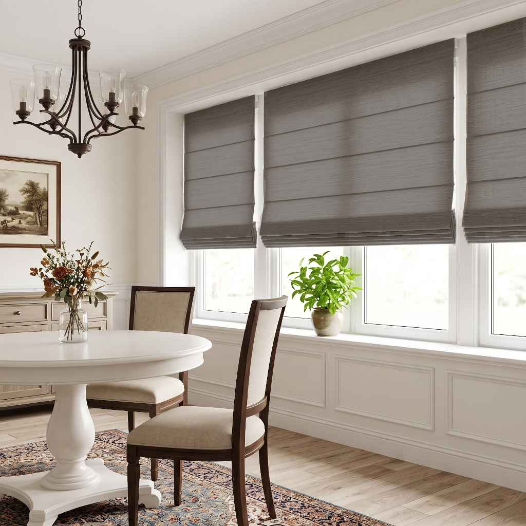 Heavy Natural Roman Blinds in a Classic Dining Room with White Wainscoting 