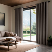 Natural Heavy Weight Linen Eyelet Curtains for Sliding Door in a Contemporary Living Room with Wood Ceiling, Mountain View and Neutral Seating - Blackout Lining
@Heading: Eyelets