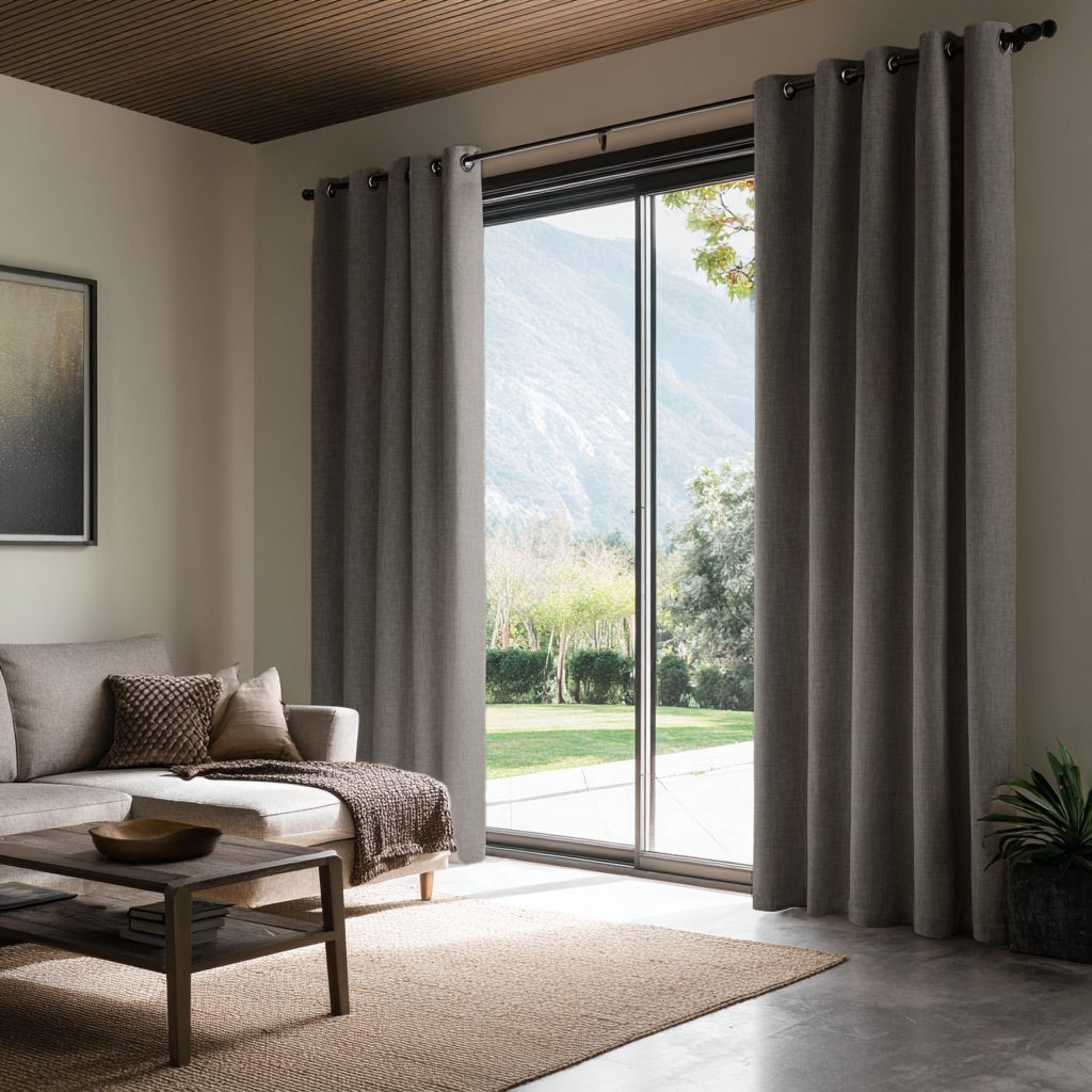 Natural Heavy Weight Linen Eyelet Curtains for Sliding Door in a Contemporary Living Room with Wood Ceiling, Mountain View and Neutral Seating - Blackout Lining
@Heading: Eyelets