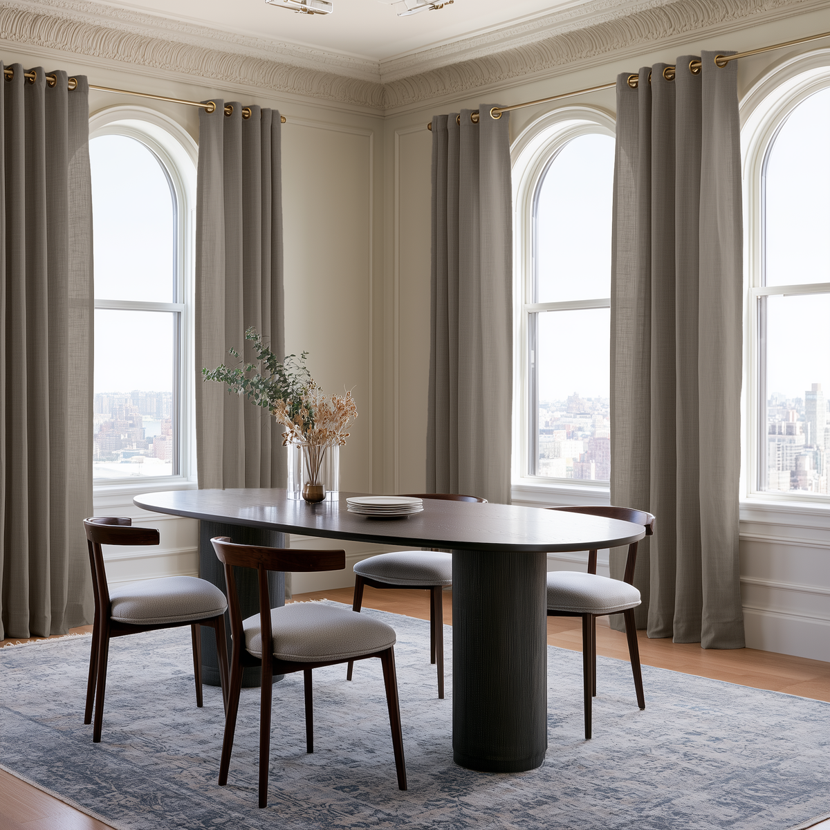 Natural Heavy Weight Linen Eyelets Curtains in an Elegant Contemporary Dining Room with Arched Windows and City Views