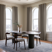 Natural Heavy Weight Linen Eyelets Curtains in an Elegant Contemporary Dining Room with Arched Windows and City Views