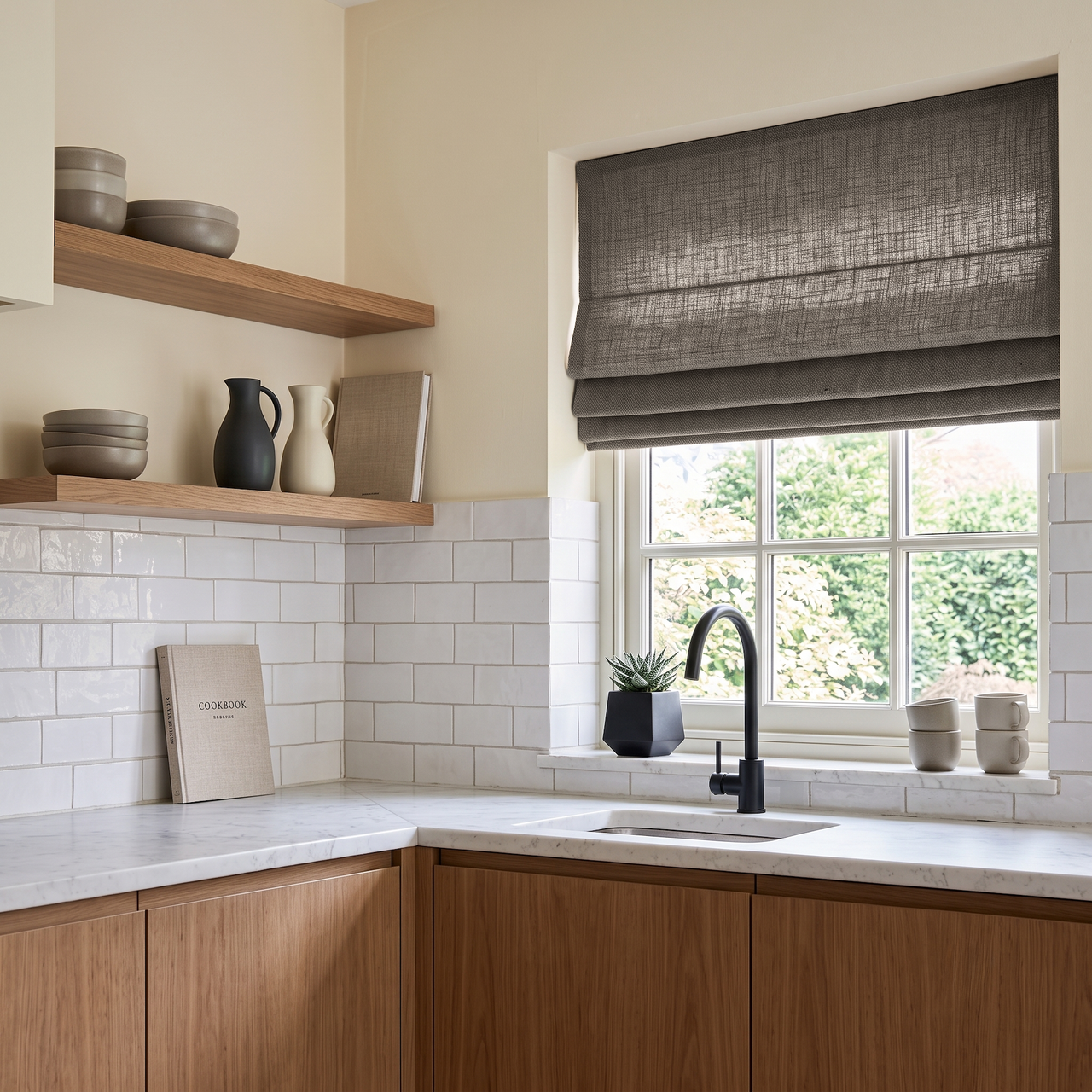 Natural Heavy Weight Linen Roman Blinds in a Modern Kitchen with Light Wood Cabinetry - Cotton Lining