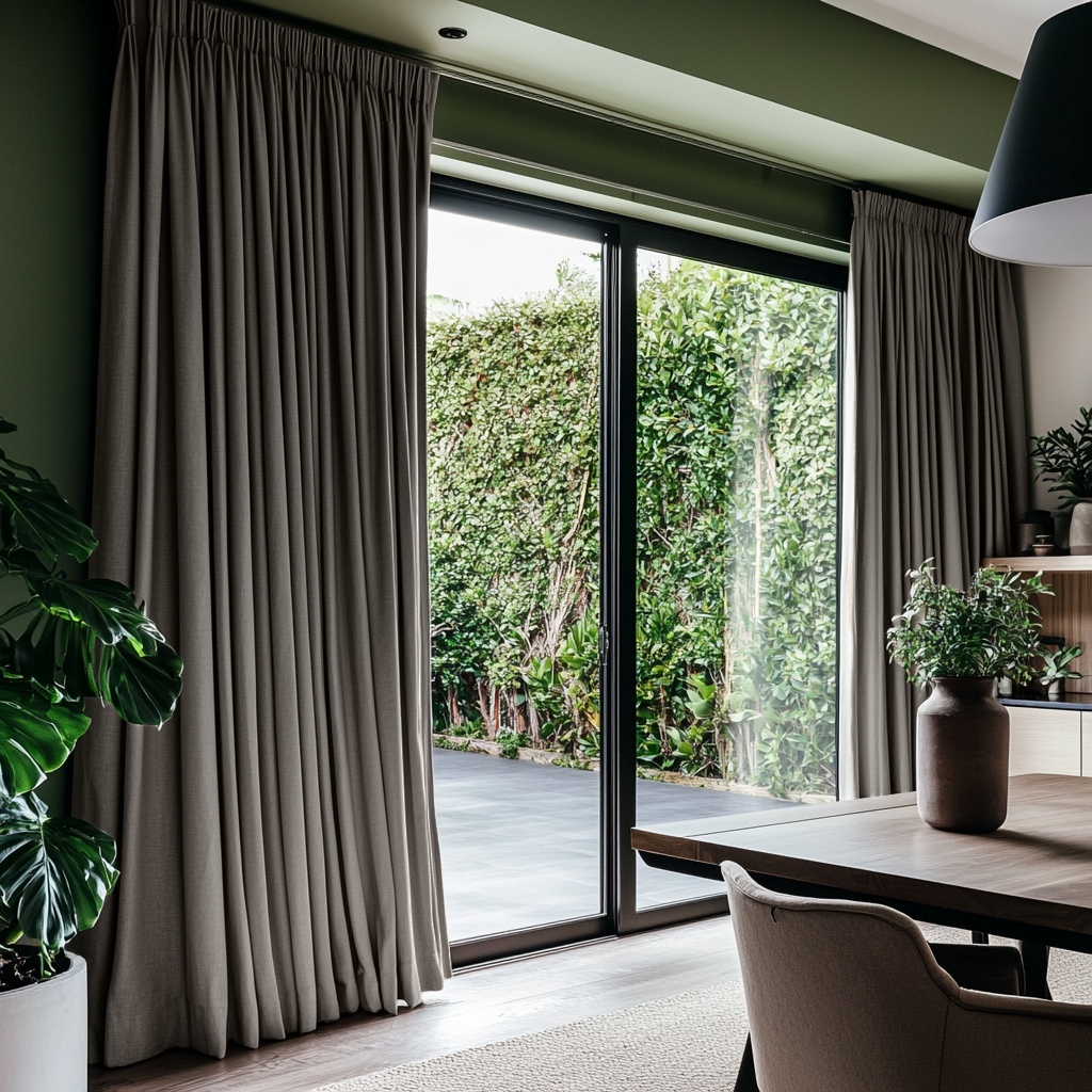 Natural Heavy Weight Linen Pencil Pleat Curtains for Sliding Door in a Modern Dining Room with Green Walls, Black Window Frames and Lush Greenery - Blackout Lining
@Heading: Pencil Pleat