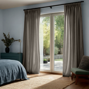Natural Heavy Weight Linen Pinch Pleat Curtains for Sliding Door in a Calm Bedroom with Blue Walls, Teal Furniture and Garden View
@Heading: Pinch Pleat
