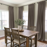 Natural Heavy Weight Linen Rod Pocket Curtains in a Traditional Dining Room with Rustic Wood Furniture and Neutral Decor