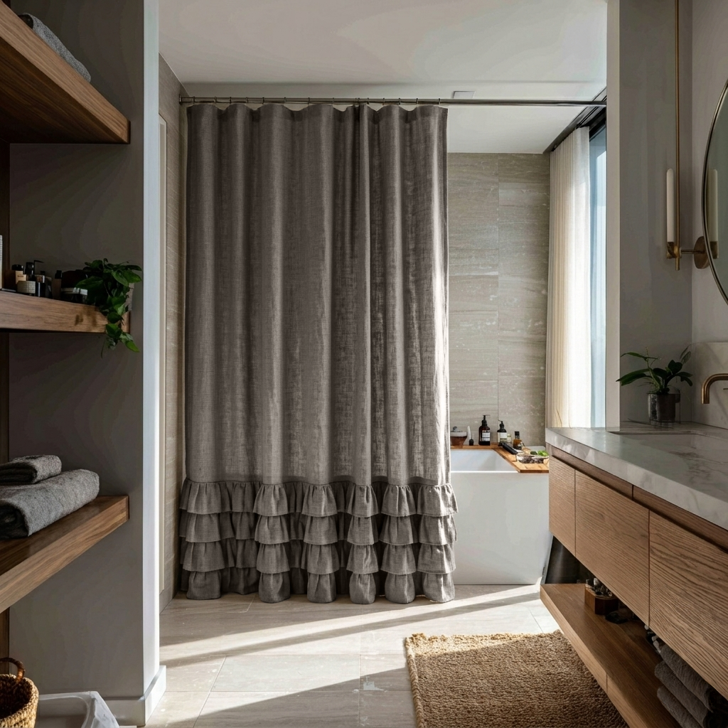 Natural Heavy Weight Linen Ruffled Shower Curtain