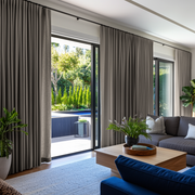 Natural Heavy Weight Linen S-Fold Curtains for Sliding Door in a Modern Living Room with Black Sliding Doors, Grey Sofa and Blue Accent Chair - Cotton Lining
@Heading: S-Fold