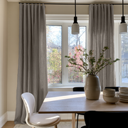 Natural Heavy Weight Linen S-Fold Curtains in a Contemporary Dining Room with Light Wood Table and Sculptural Pendant Lights