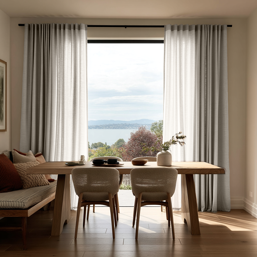 Natural Linen Back Tab Curtains in a Dining Room with light-colored walls, a Natural Wood Slab Table and Textured Seating