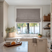 Natural Linen Roman Blinds in a Bright Transitional Kitchen with White Cabinetry - Blackout Lining