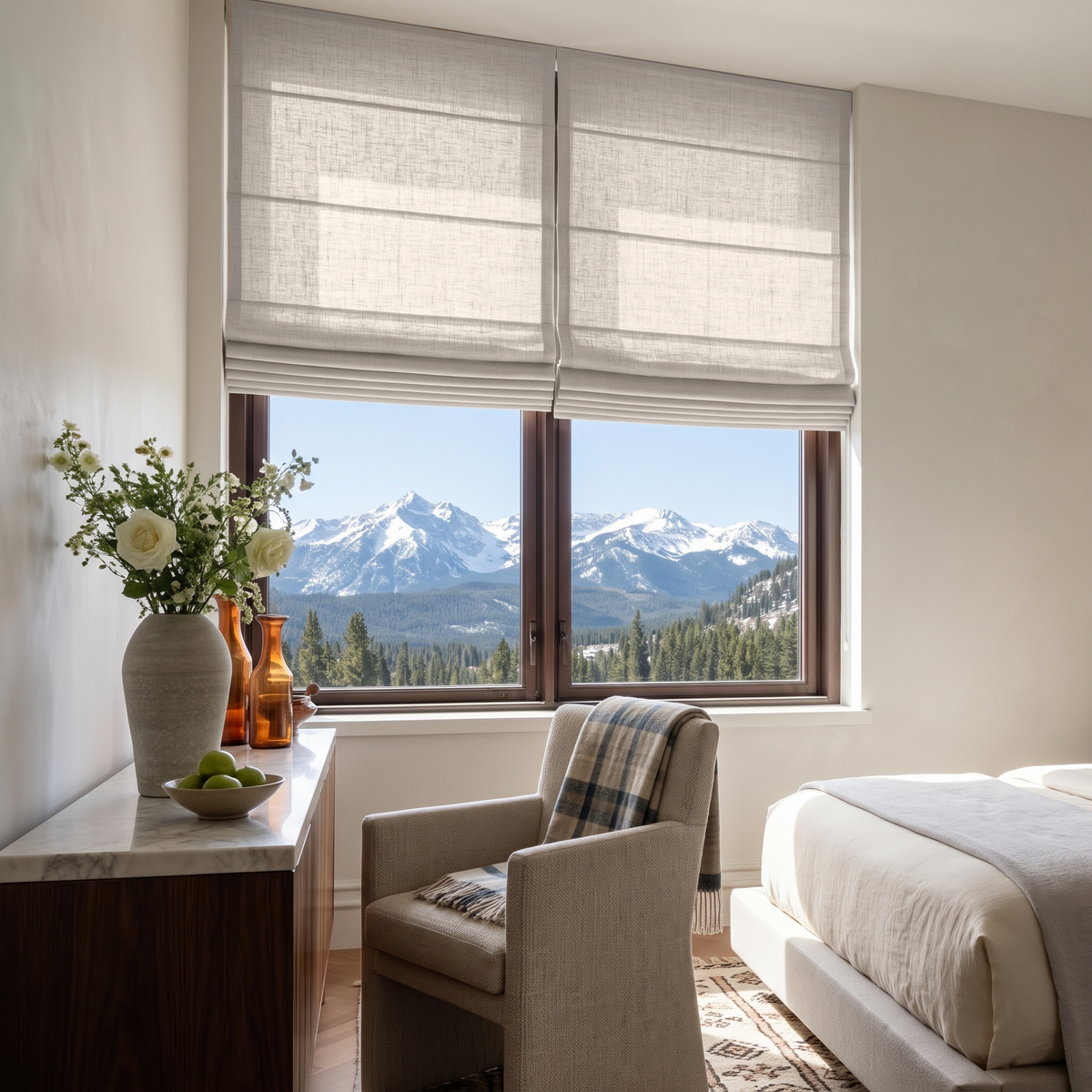 Natural Roman Blinds in a Contemporary Bedroom