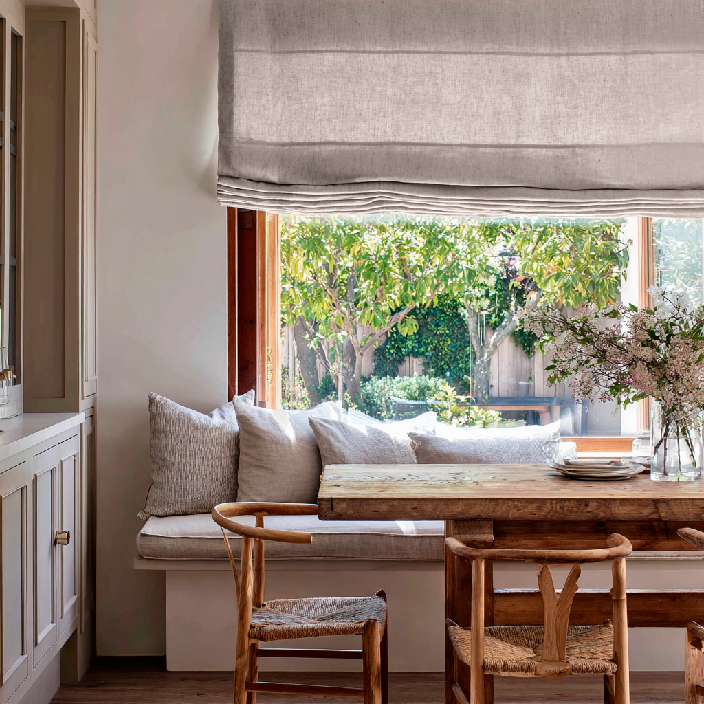 Natural Linen Roman Blinds in a Sunlit Breakfast Nook Kitchen with Warm Wood Dining Furniture - Cotton Lining