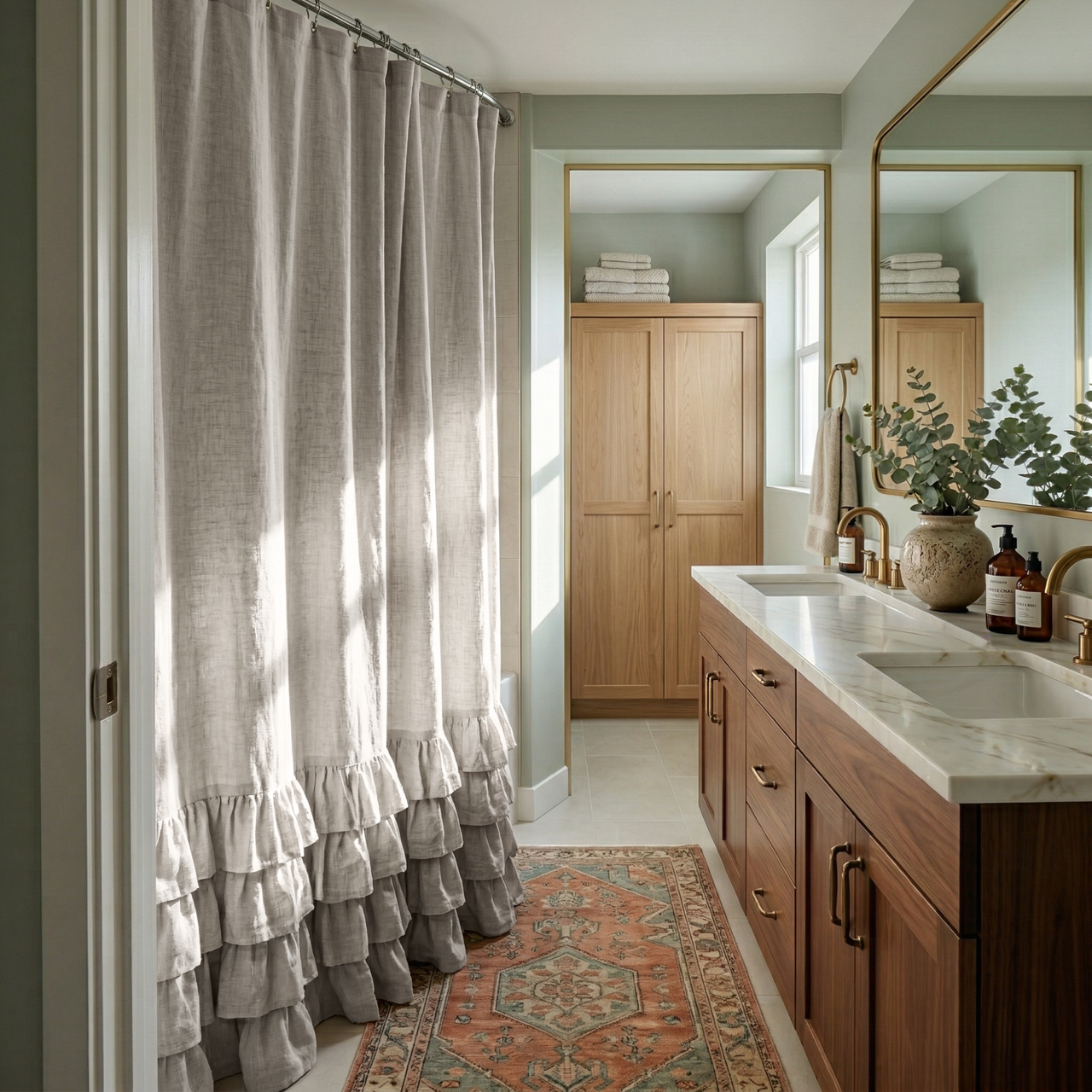 Natural Linen Ruffled Shower Curtain