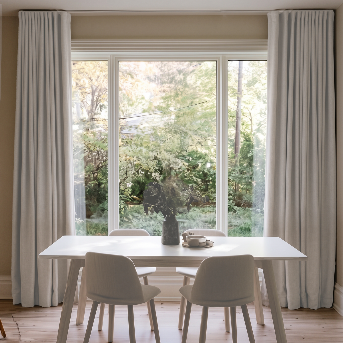 Natural Linen S-Fold Curtains in a Dining Room with a Minimalist White Table and Molded Grey Chairs - Blackout Lining