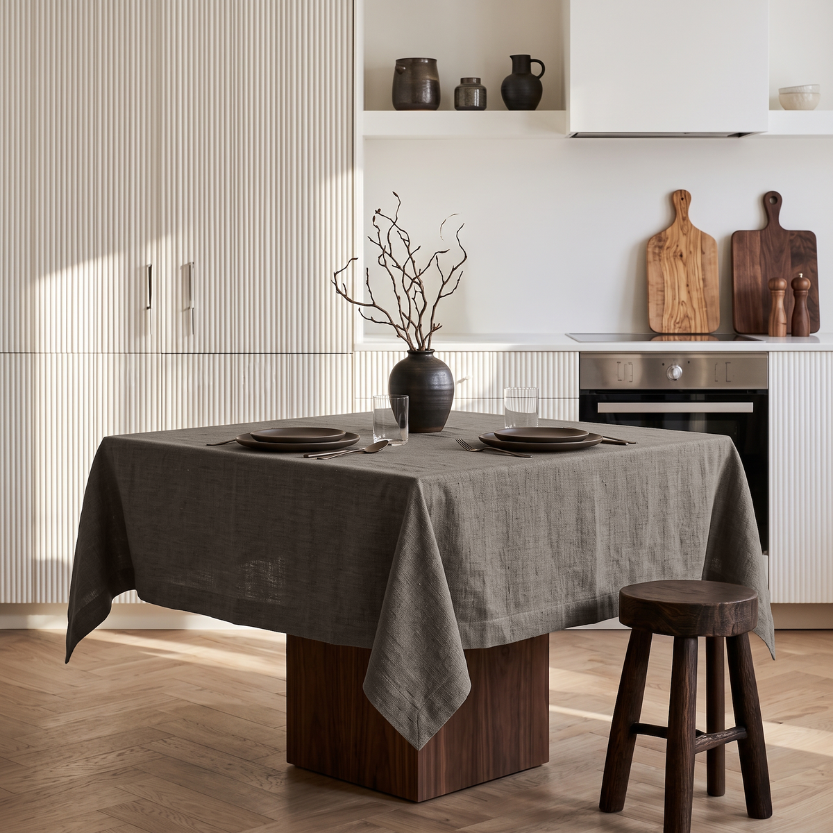 Natural Square Heavy Weight Linen Tablecloth in a Modern Kitchen with Fluted Cabinetry and Dark Wood