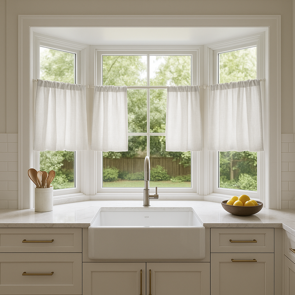 Off-White Bay Window Linen Kitchen Curtains