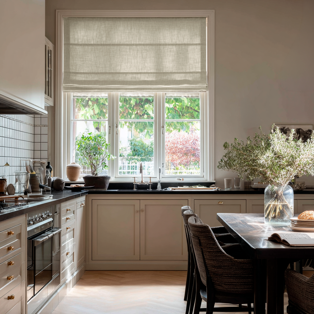 Off-White Heavy Weight Linen Roman Blinds in a Sunlit Traditional Kitchen with Cream Cabinetry - Blackout Lining